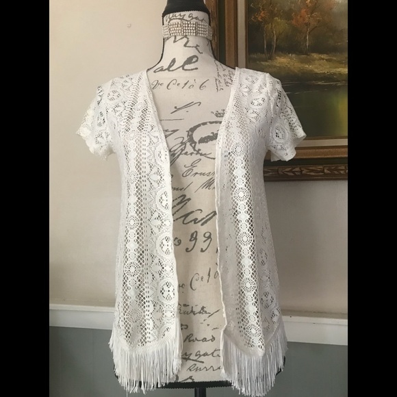 Women’s Crochet Knit Lace Open Cardigan Fringe M - Picture 1 of 8